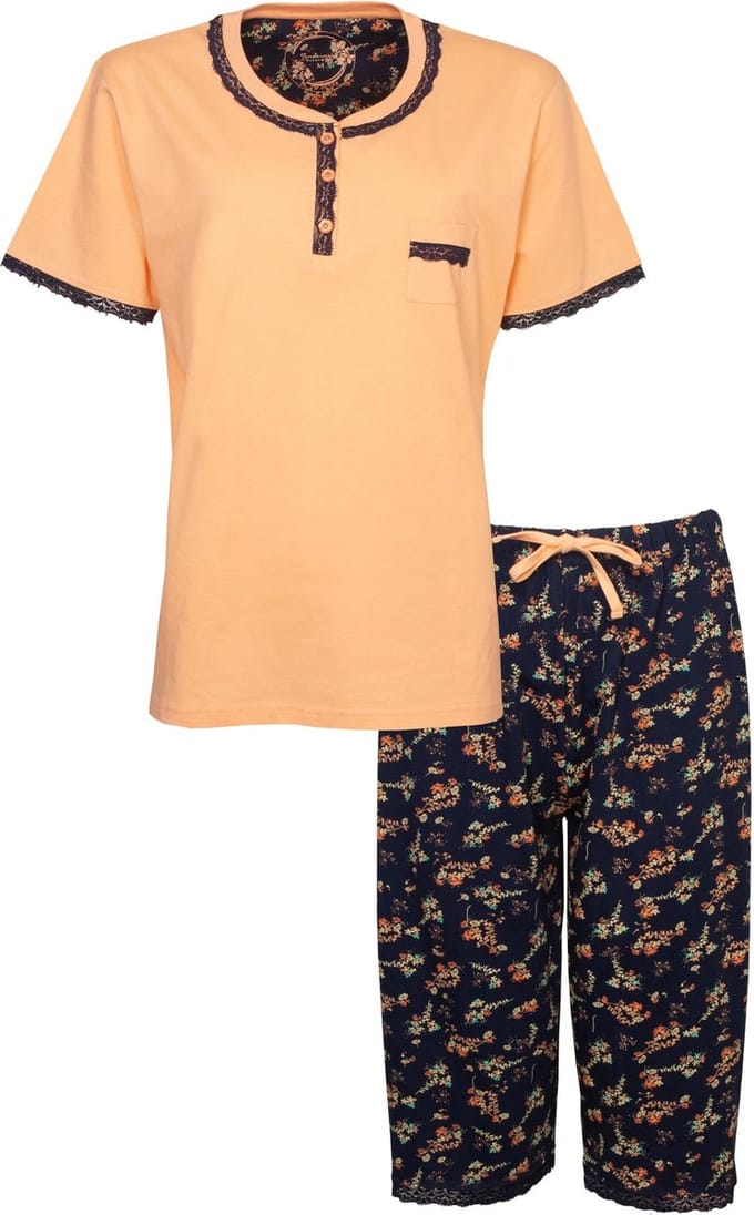 Tenderness Dames Pyjama - Katoen - Polo Sluiting - Geel/Blauw - Maat S