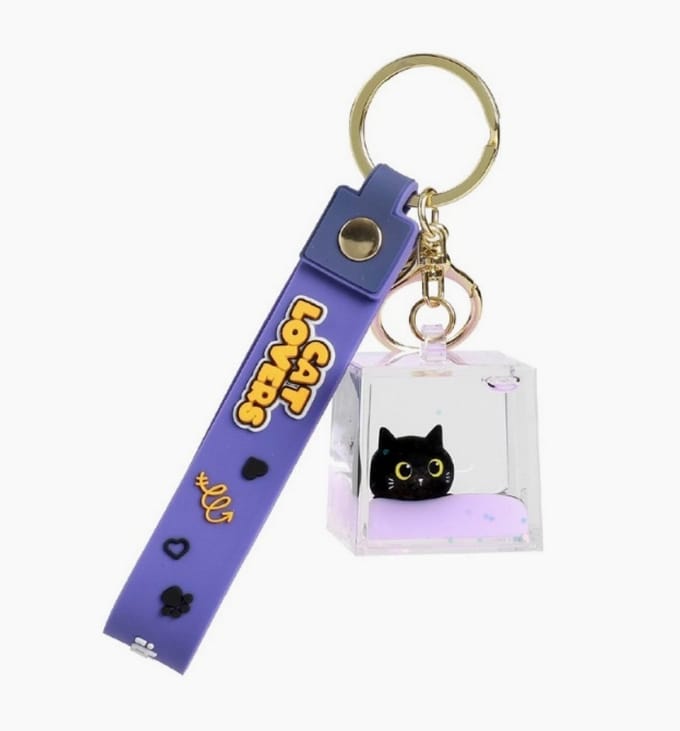 iTotal Sleutelhanger Kubus ZWARTE KAT Cube Liquid Keychain BLACK CAT 3.3x2.9x5cm
