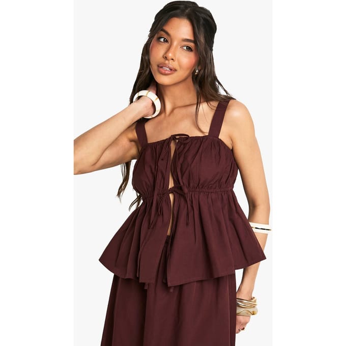 boohoo Dames Poplin Geruched Smock Cami | Chocolate | Maat: 8