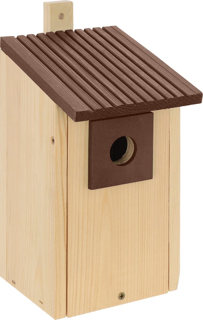 Vogelhuisje lang/bruin (hangend model), vogel, vogelhuis, hout