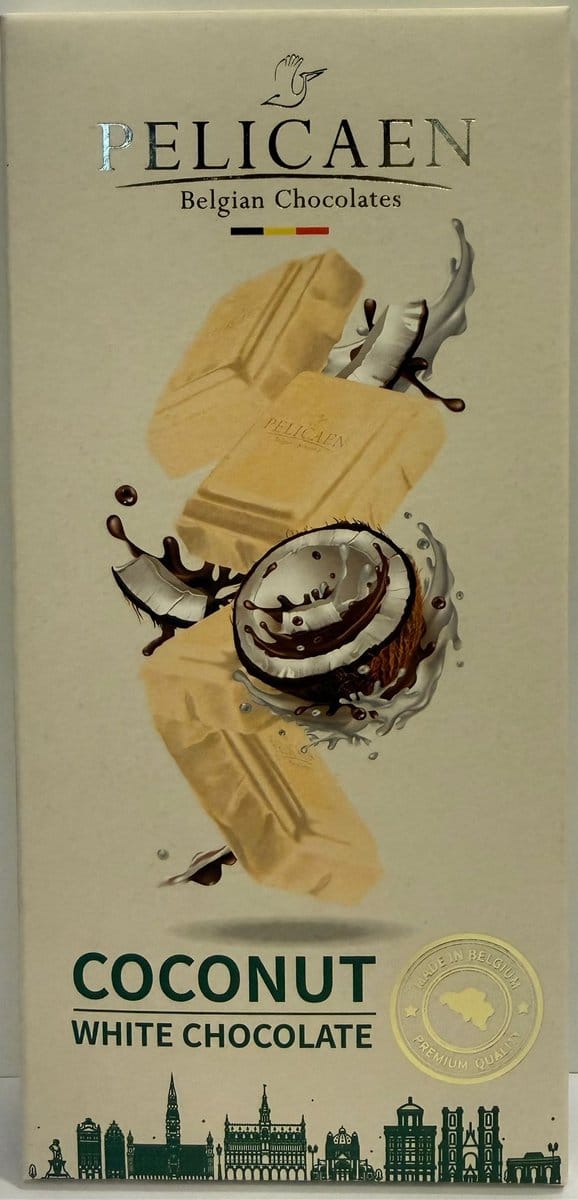 Pelicaen Belgian Chocolates - Chocoladereep - Witte Chocolade + Kokosnoot - 100g x 12