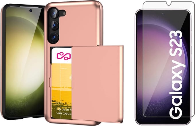 Hoesje met Pasjeshouder geschikt voor Samsung Galaxy S23 - Screen Protector GlassGuard - Back Cover SlideCase Roségoud & Screenprotector