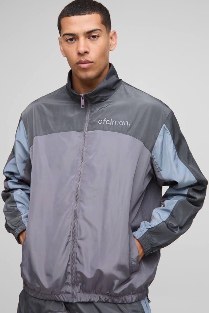 Man Regular Fit Nylon Colour Block Track Jacket | Grey | Size Small