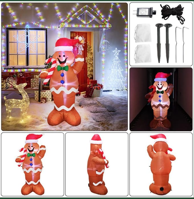Opblaasbare tuin buiten verlicht decor decor peperkoek voor Kerstmis gray