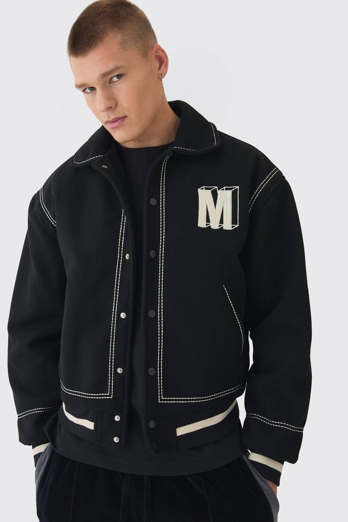 Boxy Stitch Detail Melton Varsity Jas in Zwart | Black | Size Medium