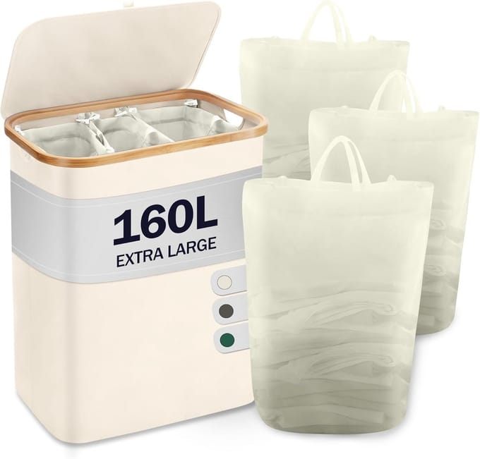 Wasmand met deksel en 3 vakken - beige - bamboe - 160 liter