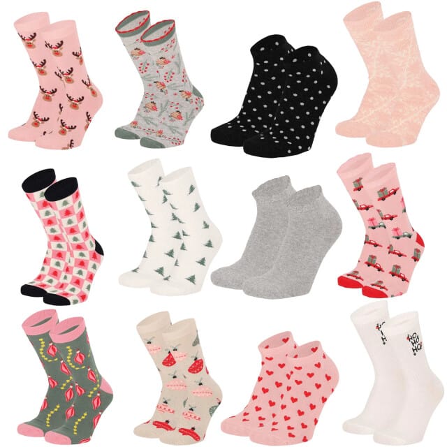 Dames Sokken - Adventskalender - 12-Paar - Kerst Giftbox Roze - Maat 36-41 - Adventkalender Dames