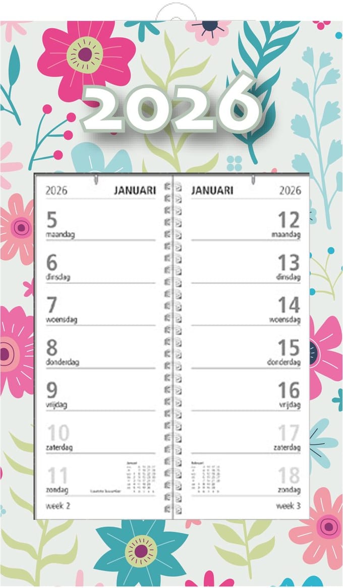 MGPcards - Omlegweekkalender 2026 - Week begint op maandag - 21 x 34 cm - Flowers - Grijs