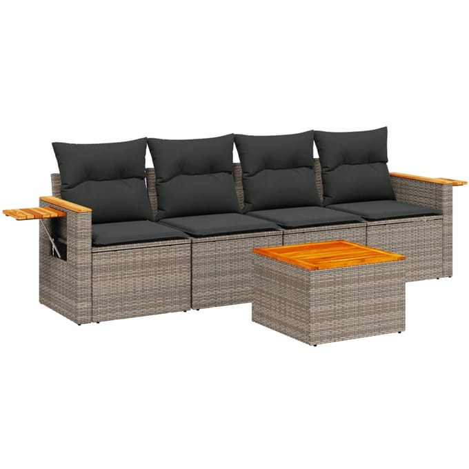 vidaXL - 5-delige - Loungeset - met - kussens - poly - rattan - grijs