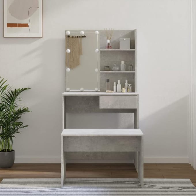 Toilettafel Set - Kaptafel Meubel - Make-up Zonder Moeite - Instelbare Led Verlichting - Ruim Ontwerp - Cementgrijs