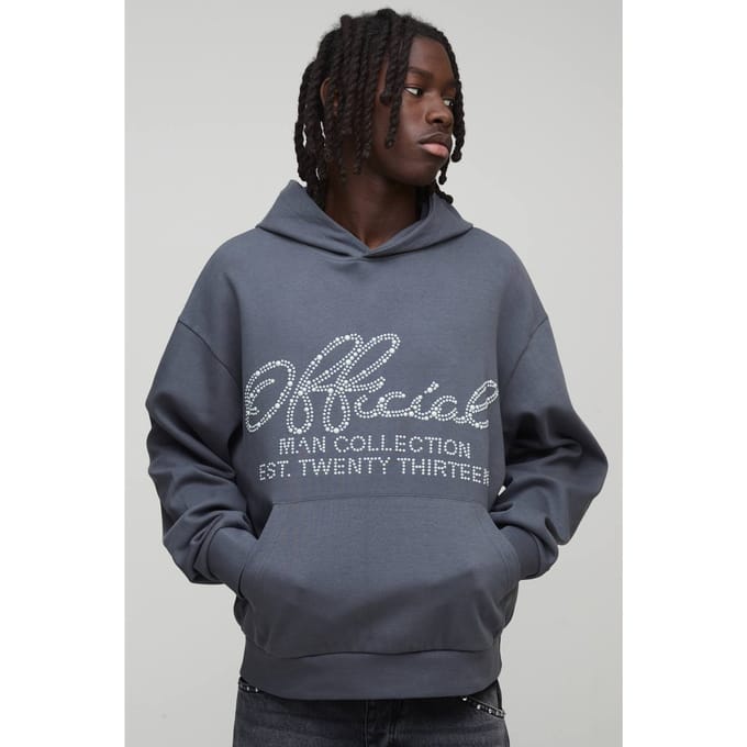 Oversized boxy hoodie met nep-parelversieringen in interlock | Charcoal | Size Medium