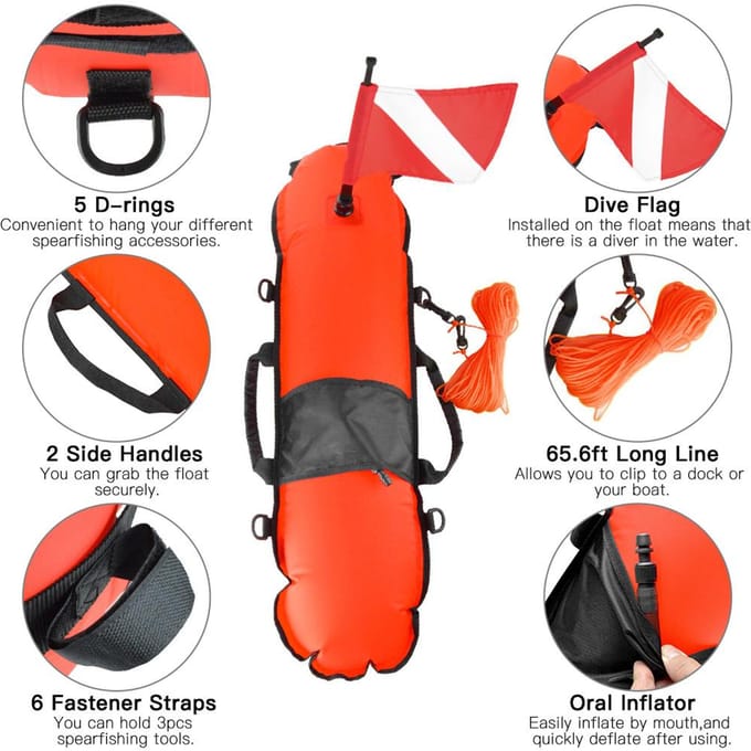 Flotteur de sécurité gonflable pour plongée sous-marine, marqueur de surface, avec drapeau de plongée, flottabilité maximale de 78 lb, poids supporté orange
