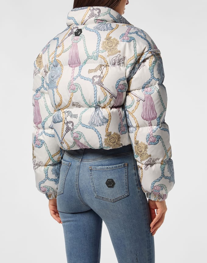 Nylon Cropped Down Puffer Jacket Tassels