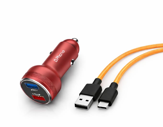 DrPhone ON-1 Autolader + 6A USB-C Snel Laad Kabel – Snellader - DC12-24V – Geschikt Voor OnePlus met Warp- Rood