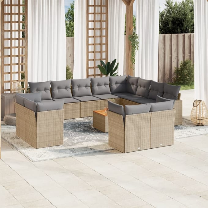 vidaXL - 13-delige - Loungeset - met - kussens - poly - rattan - gemengd - beige