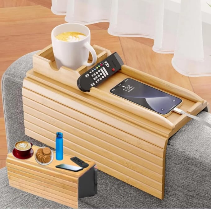 2-in-1 Bamboe Bank Armleuning Tafel met Afneembare Dienblad & Antislip
