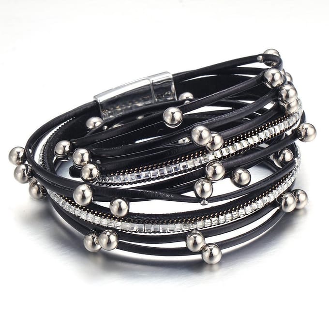 Montebello Armband Bunna - Pu Leer - Kristal - 316L Staal - 15mm - 39cm