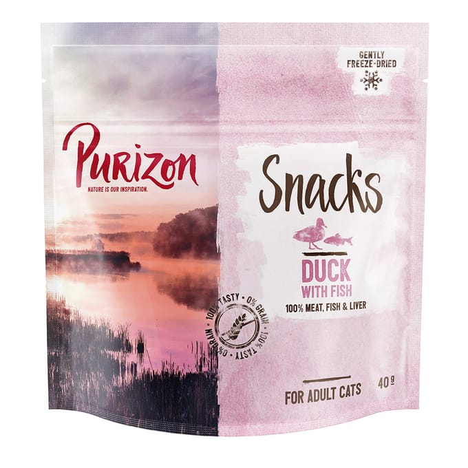 Purizon Original eend met vis - graanvrij Bestel ook snacks: Purizon Snack Eend met Vis - 40 g