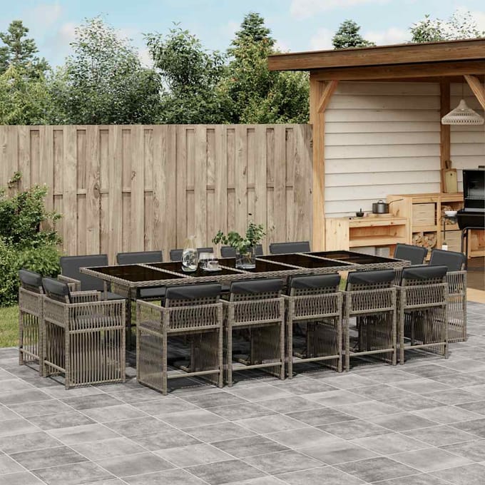 vidaXL - 15-delige - Tuinset - met - kussens - poly - rattan - grijs