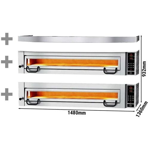 GGM Gastro Elektrische pizzaoven Power - 1480x1360x932mm - 2 kamers - 9+9 x Ø 34cm - tot 450°C - Touch - incl. afzuigkap zilver
