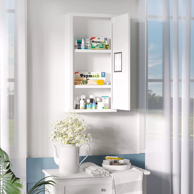 REDOM - Medicijnkast - 3 Binnenvakken - Wandmontage - Staal - Wit - 30 X 12 X 60 Cm