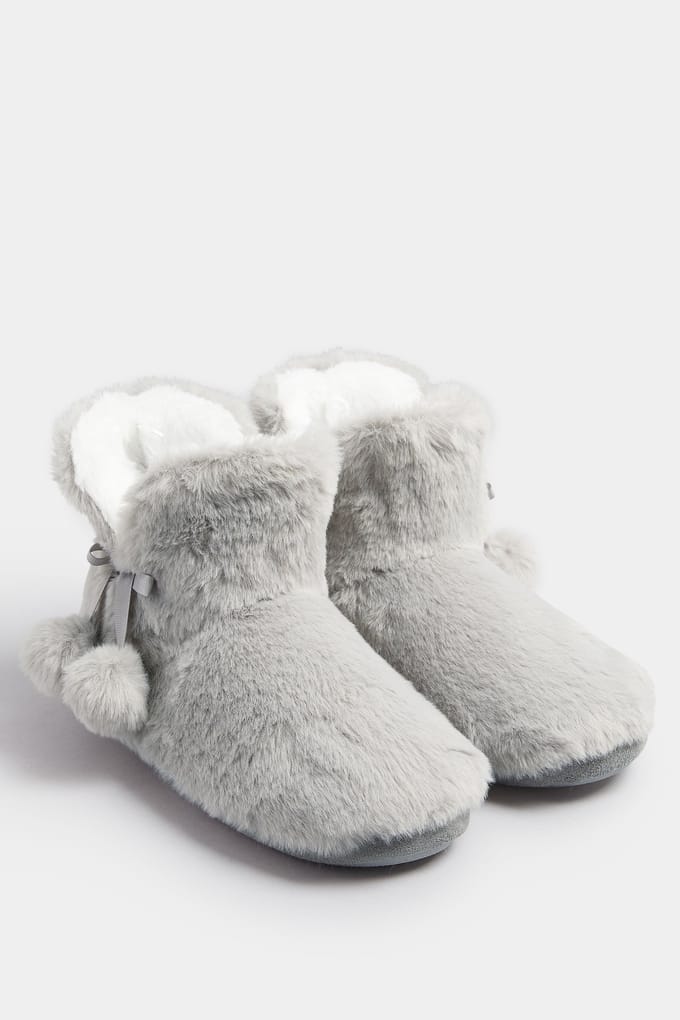 Yours Grijze Pantoffels Met Pompons En Imitatiebontsize 40-41
