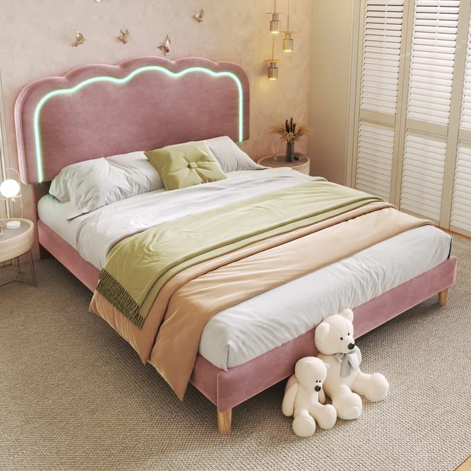 REDOM Bedframe 140x200 cm – Fluweel roze – Met verstelbaar LED-hoofdeinde (muziekmodus) – Modern