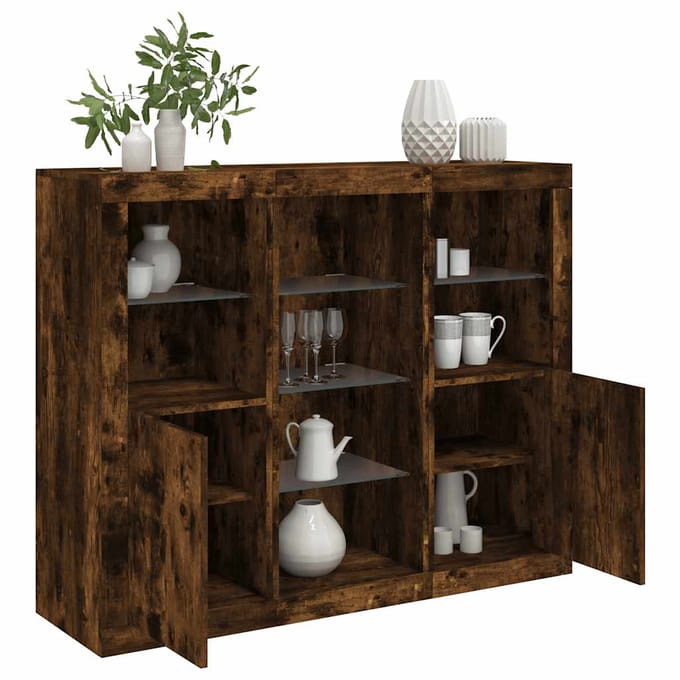 vidaXL - Dressoirs - met - LED-verlichting - 3 - st - bewerkt - hout - gerookt - eiken