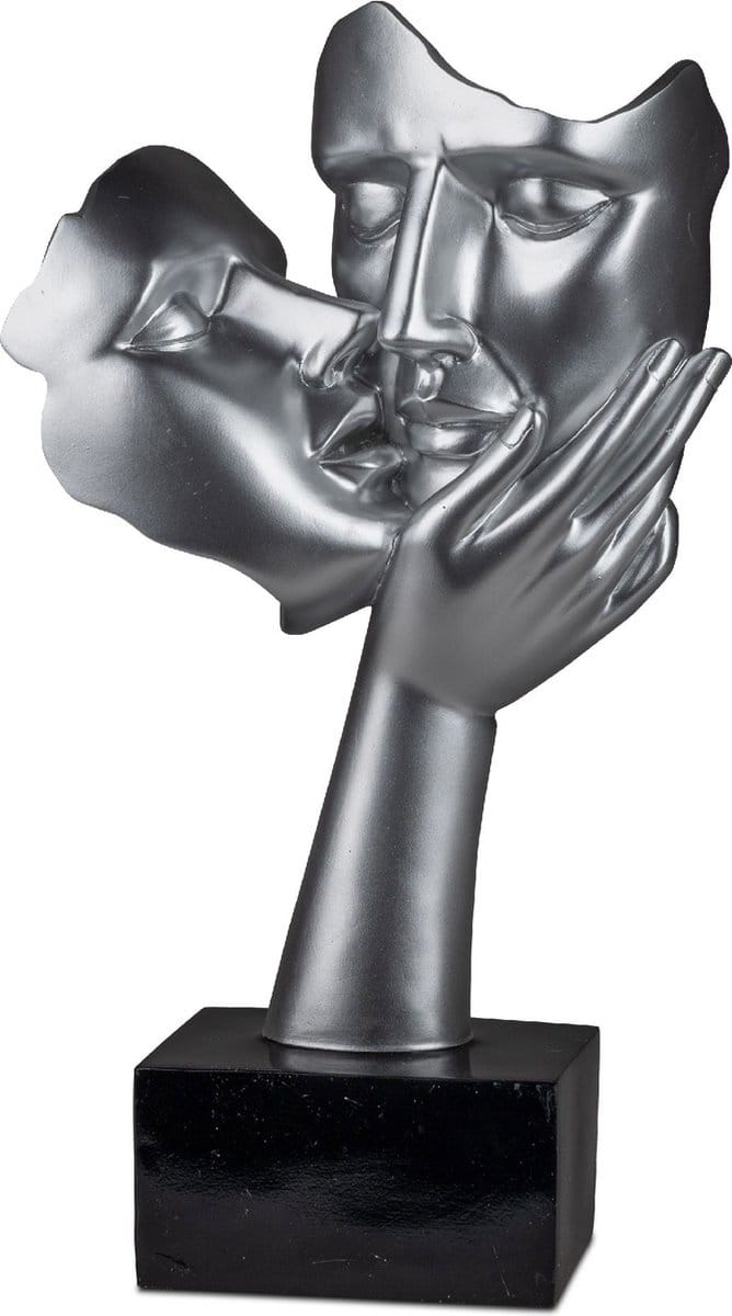 Vrouw - Man - Liefde - Beeld - Zilver - op zwarte voet - 38x20.5x9cm
