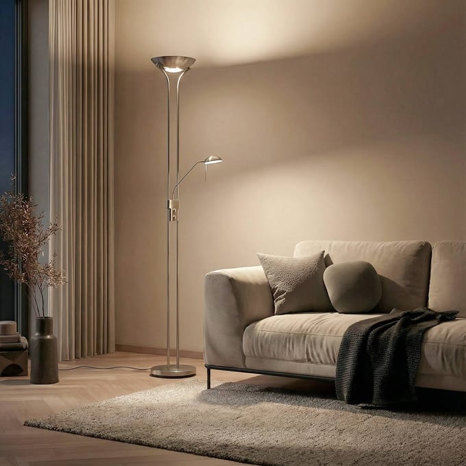 Lindby LED vloerlamp Josefin, nikkel, leeslampje, dimbaar