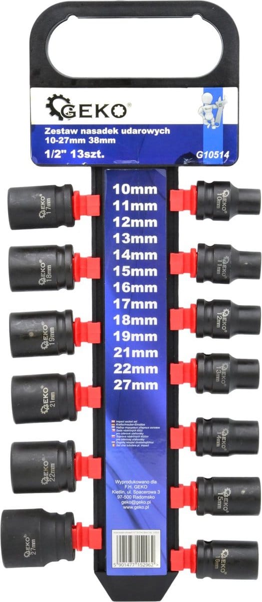 GEKO Impact dopsleutelset - 6-punts - Cr-V staal - 13-delig - 10-27 mm