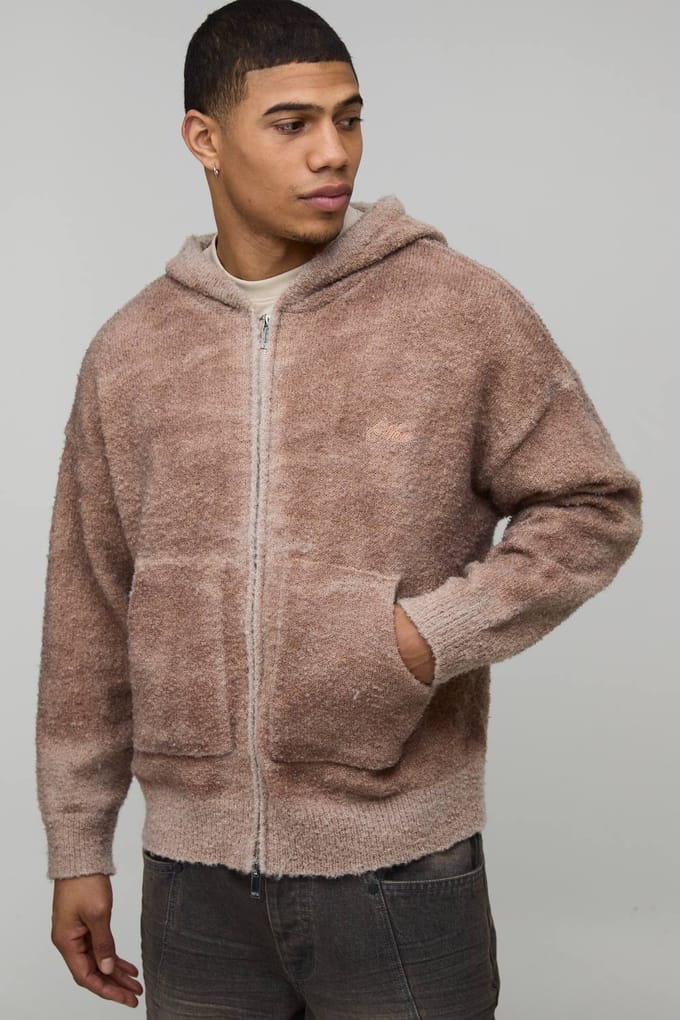Heren Relaxed Boxy Ombré Bouclé Gebreide Hoodie | Brown | Size Medium