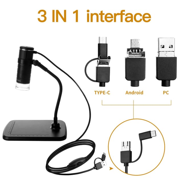 3-in-1 digitale microscoop 1000x vergroting HD 1080P mobiele telefoonmicroscoop met zwart