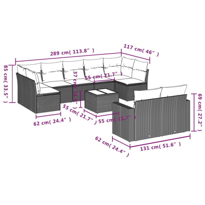 vidaXL - 10-delige - Loungeset - met - kussens - poly - rattan - grijs