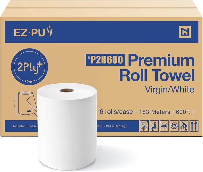 Handdoekrol papier 2-laags wit 6 rollen x 600 ft universeel 8" x 1,5" core
