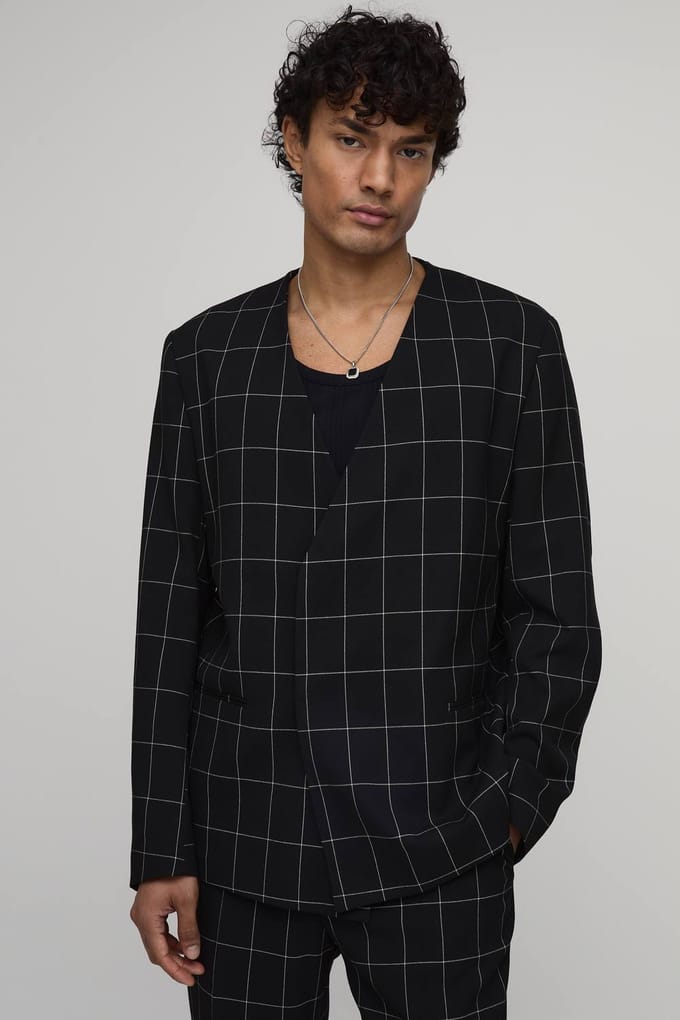 Windowpane Checked Collarless Regular Fit Wrap Blazer | Black | Size 46