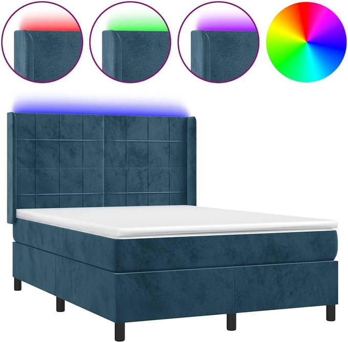 vidaXL - Boxspring - met - matras - en - LED - fluweel - donkerblauw - 140x190 - cm