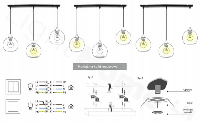 Light-Home RING HAGA – Hanglamp – Mix Glazen Kappen – Metalen Constructie – 3-lichts