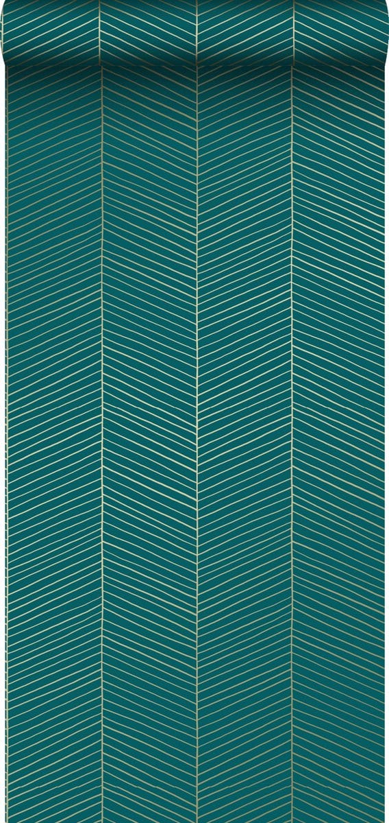 ESTAhome behang visgraat-motief smaragd groen en goud - 53 cm x 10.05 m - 139200