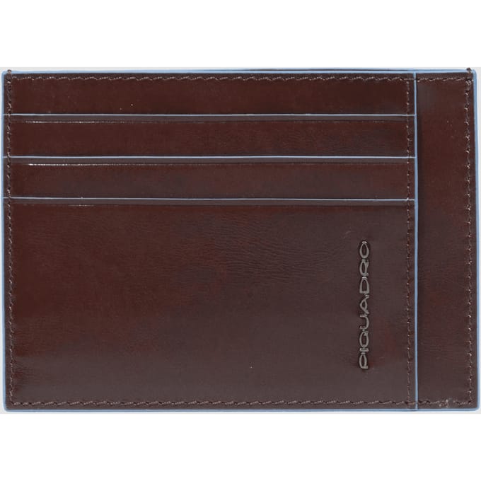 PIQUADRO Leren Kaarthouder Blue Square Pocket Credit Card Pouch RFID Mogano Bruine Blauw