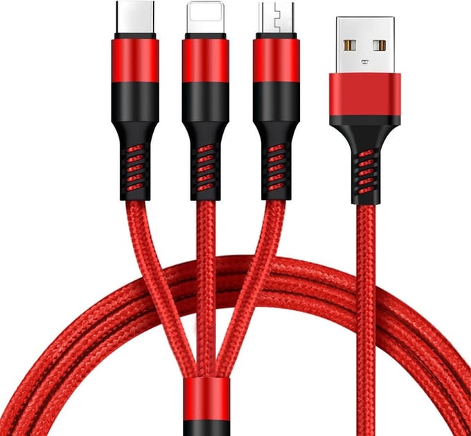 DrPhone MX5 Nylon Gevlochten Kabel - 3 in 1 Lightning/Micro USB/Type-C - Stabiele USB Oplaadkabel – MAX 2A - Rood