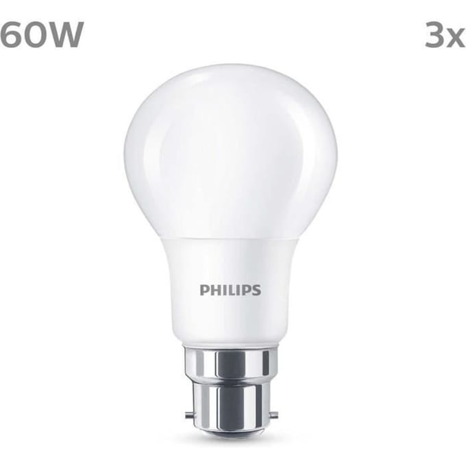 Ampoule LED - PHILIPS - 60 W - B22 - Blanc chaud - Dépolie - Non-Dimmable - 3 pieces
