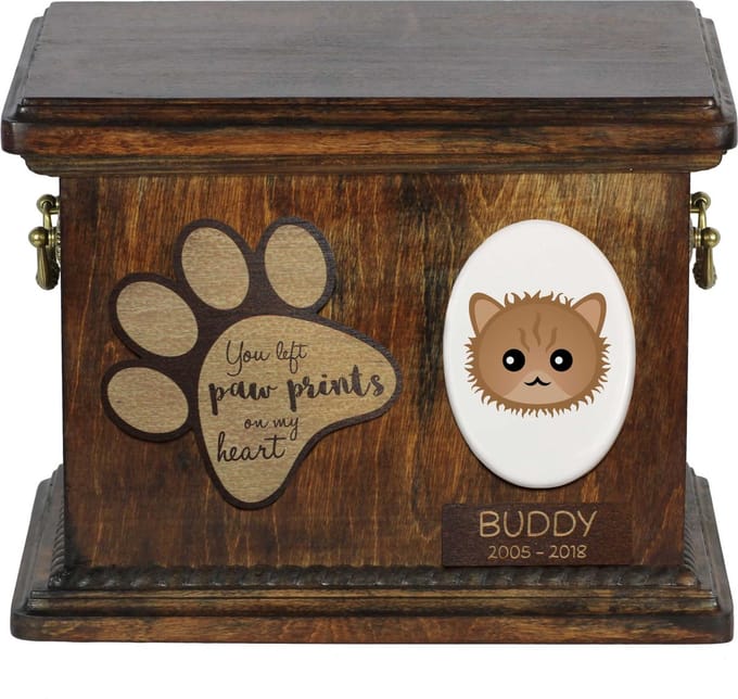 Persoonlijke urn voor kattenas met Selkirk Rex en hondenherinnering