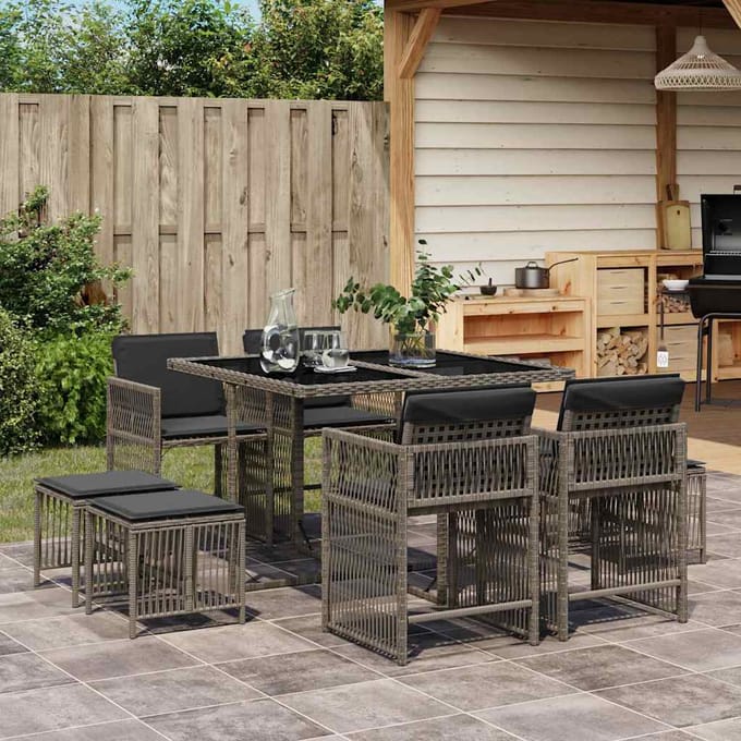vidaXL - 9-delige - Tuinset - met - kussens - poly - rattan - grijs