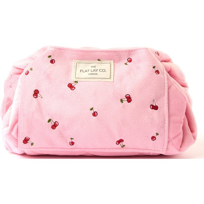 The Flat Lay Co. Drawstring Flat Lay Makeup Bag - Ditsy Cherries Pink Embroidered Velvet