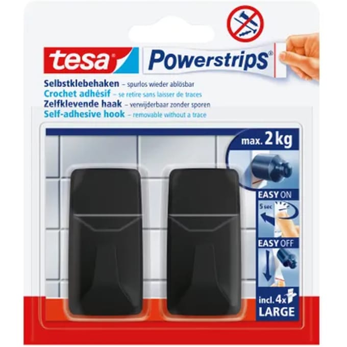 tesa Black Hooks L Powerstrips kleefhaak groot vierkant (b x h) 20 mm x 50 mm Zwart Inhoud: 2 stuk(s)