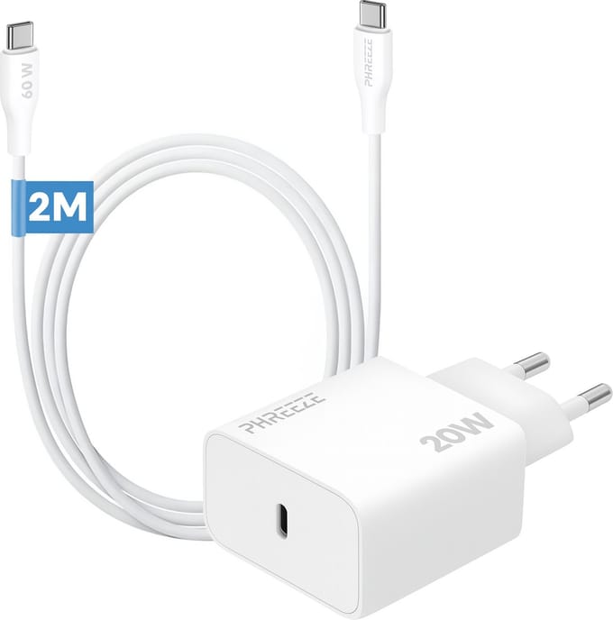Phreeze 20w usb C adapter set - Oplader met usb C naar usb C kabel 2 meter - Wit