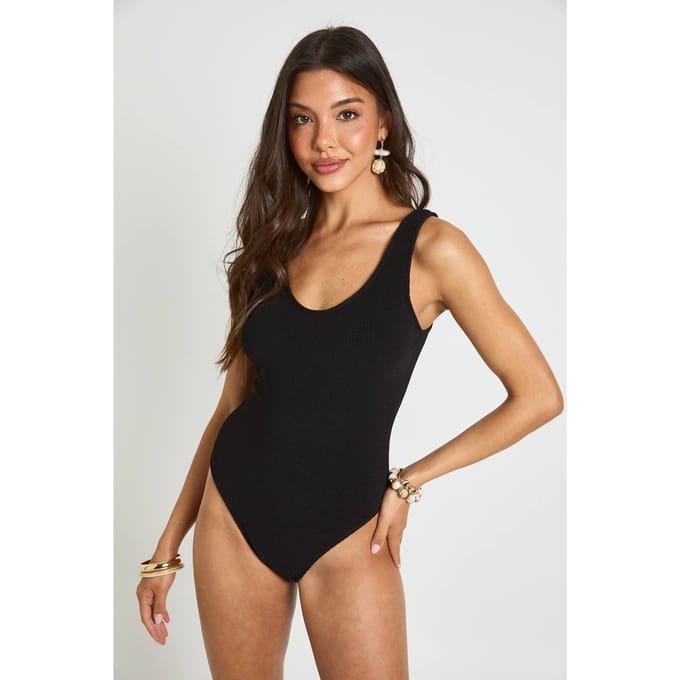 boohoo Dames Gestructureerd Badpak Met Ronde Hals | Zwart | Maat: 34