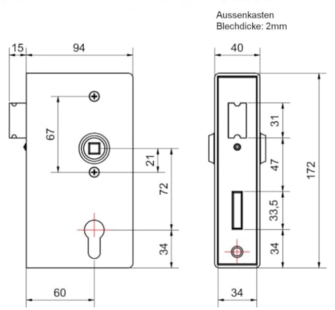 Slotkast 40 mm voor tuindeuren - Complete set met drukknop en cilinder