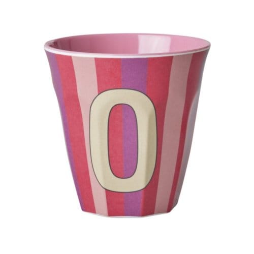 Rice melamine beker medium gestreept letter o, roze